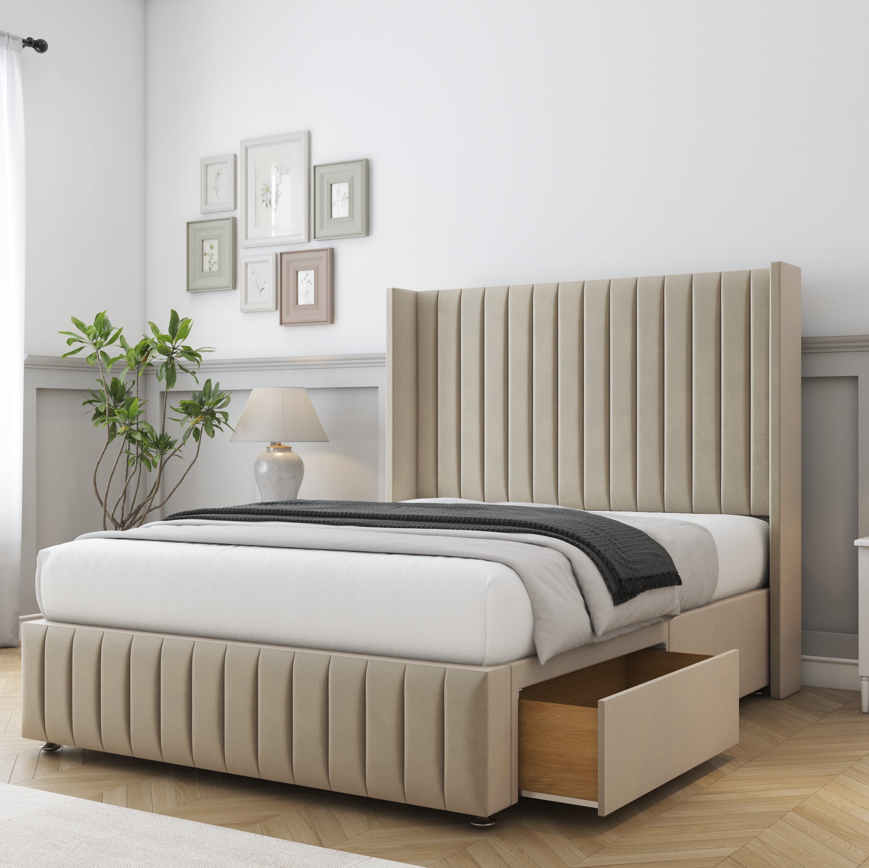 Beige upholstered bed with storage drawers in a modern bedroom setting.
