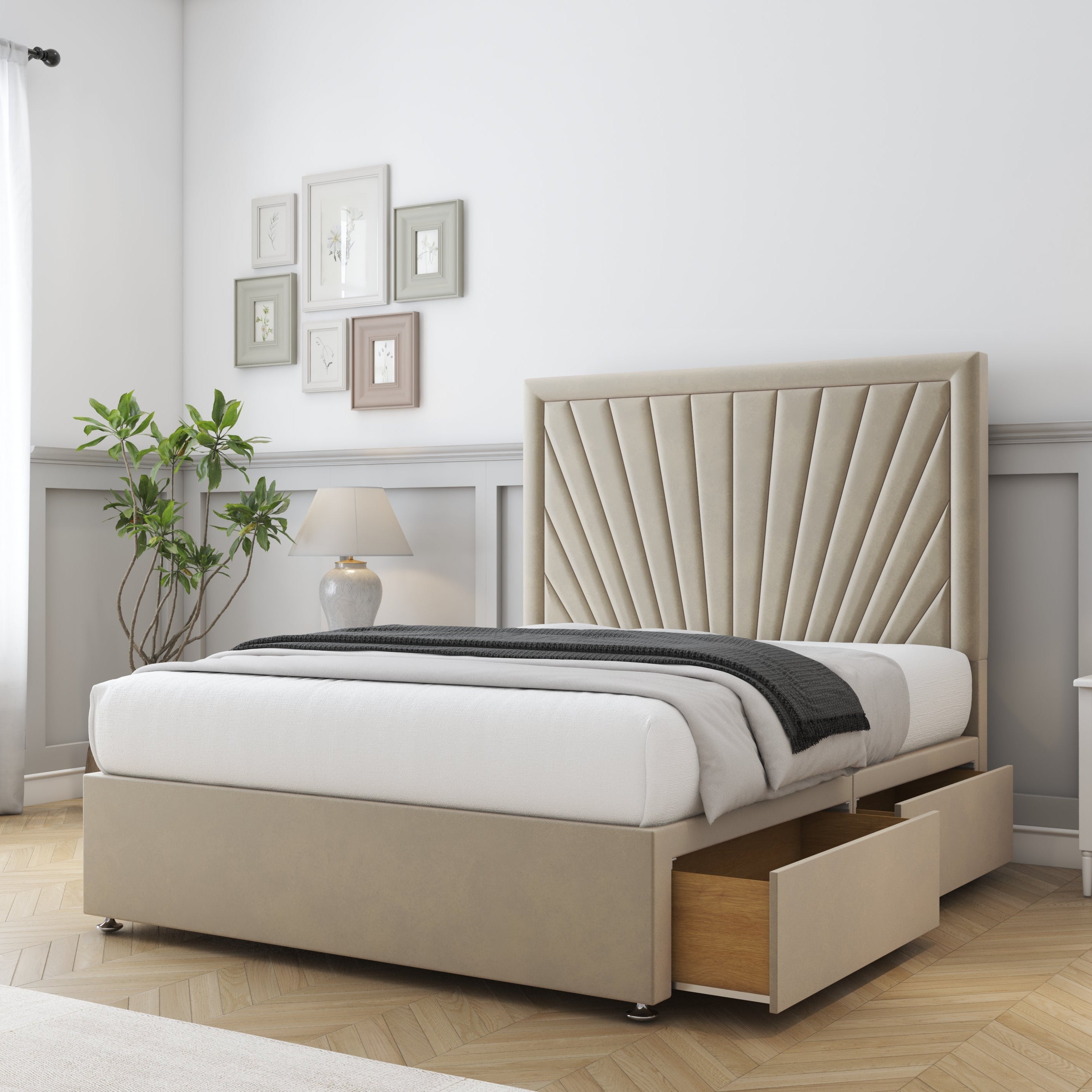 Beige upholstered bed with storage drawers in a bedroom setting.