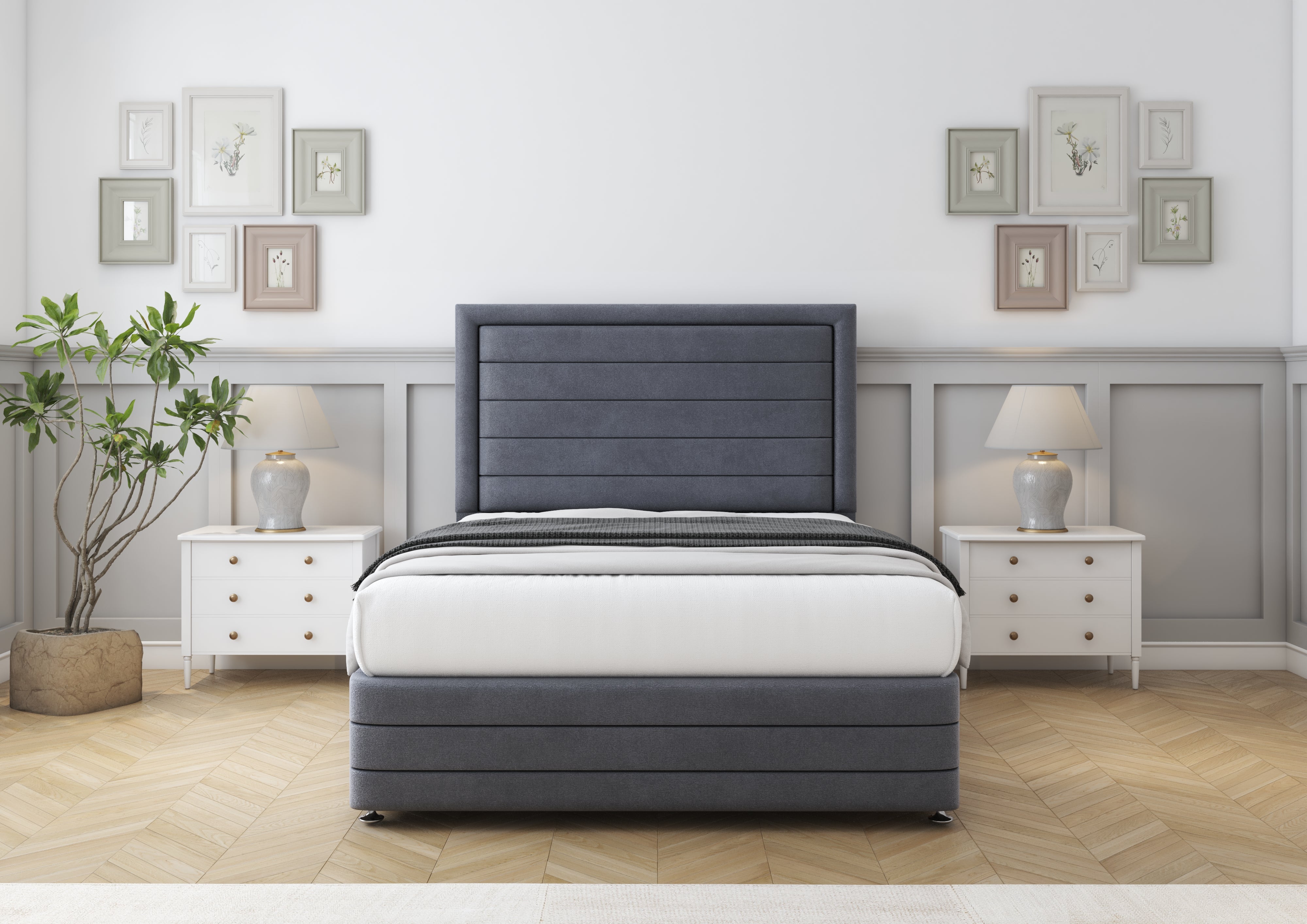 Beige upholstered bed with storage drawers in a bedroom setting.