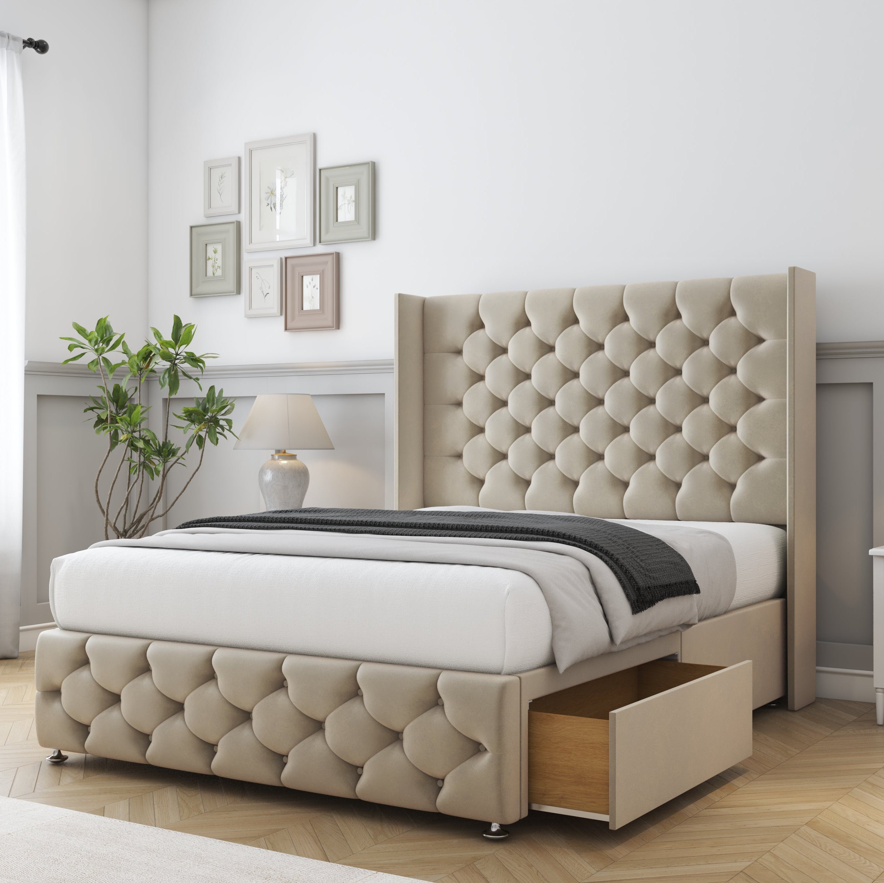 Beige upholstered bed with tufted headboard in a bedroom setting.