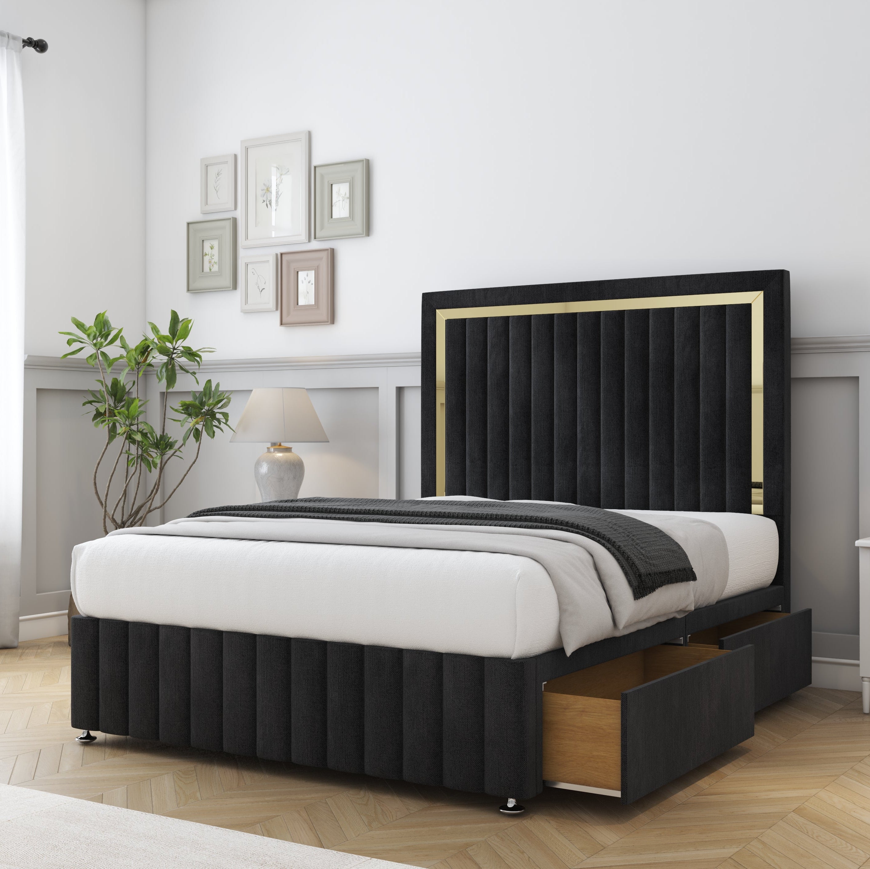 Black upholstered bed with gold accents in a bedroom setting