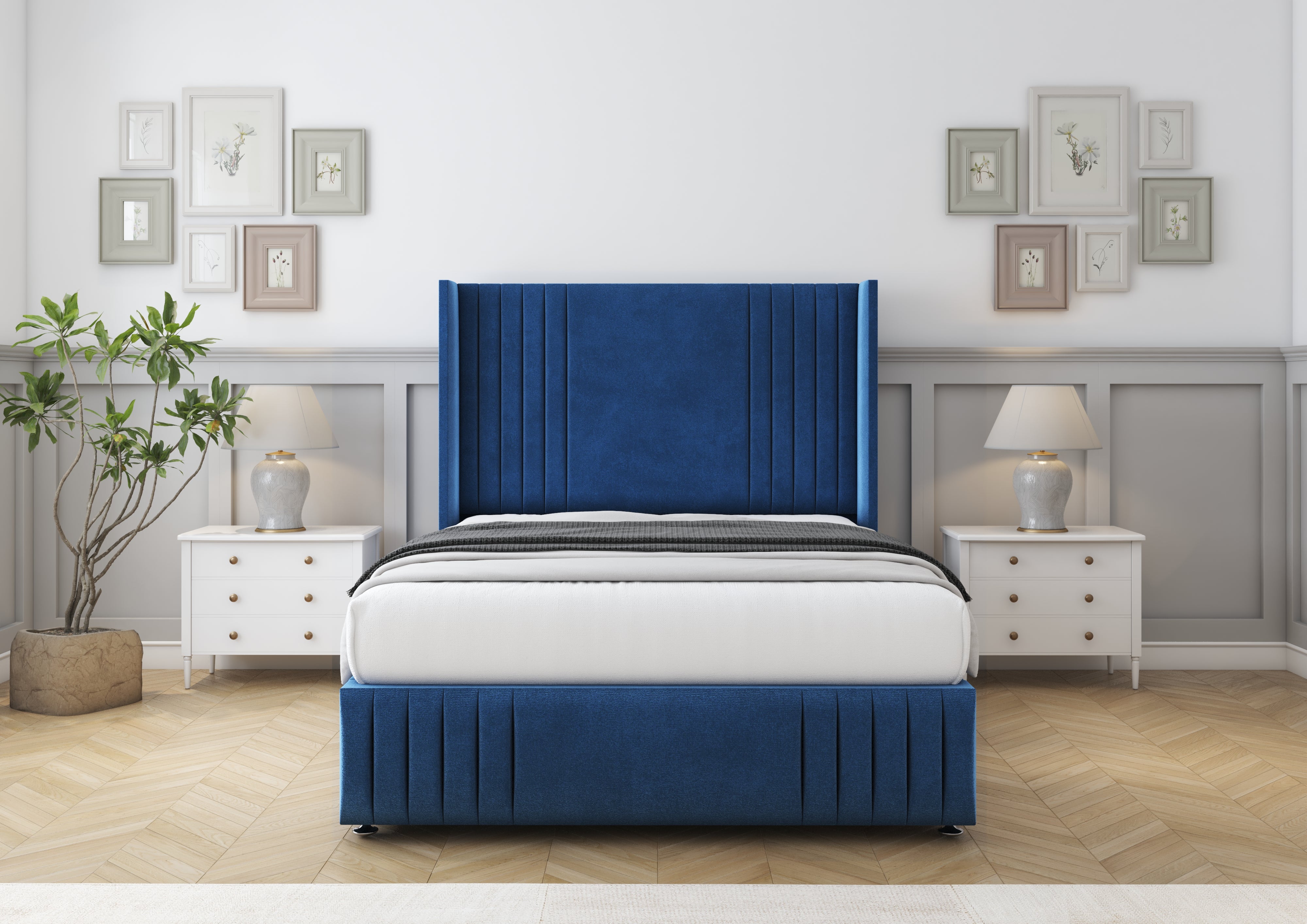 Beige upholstered bed with storage drawers in a bedroom setting.