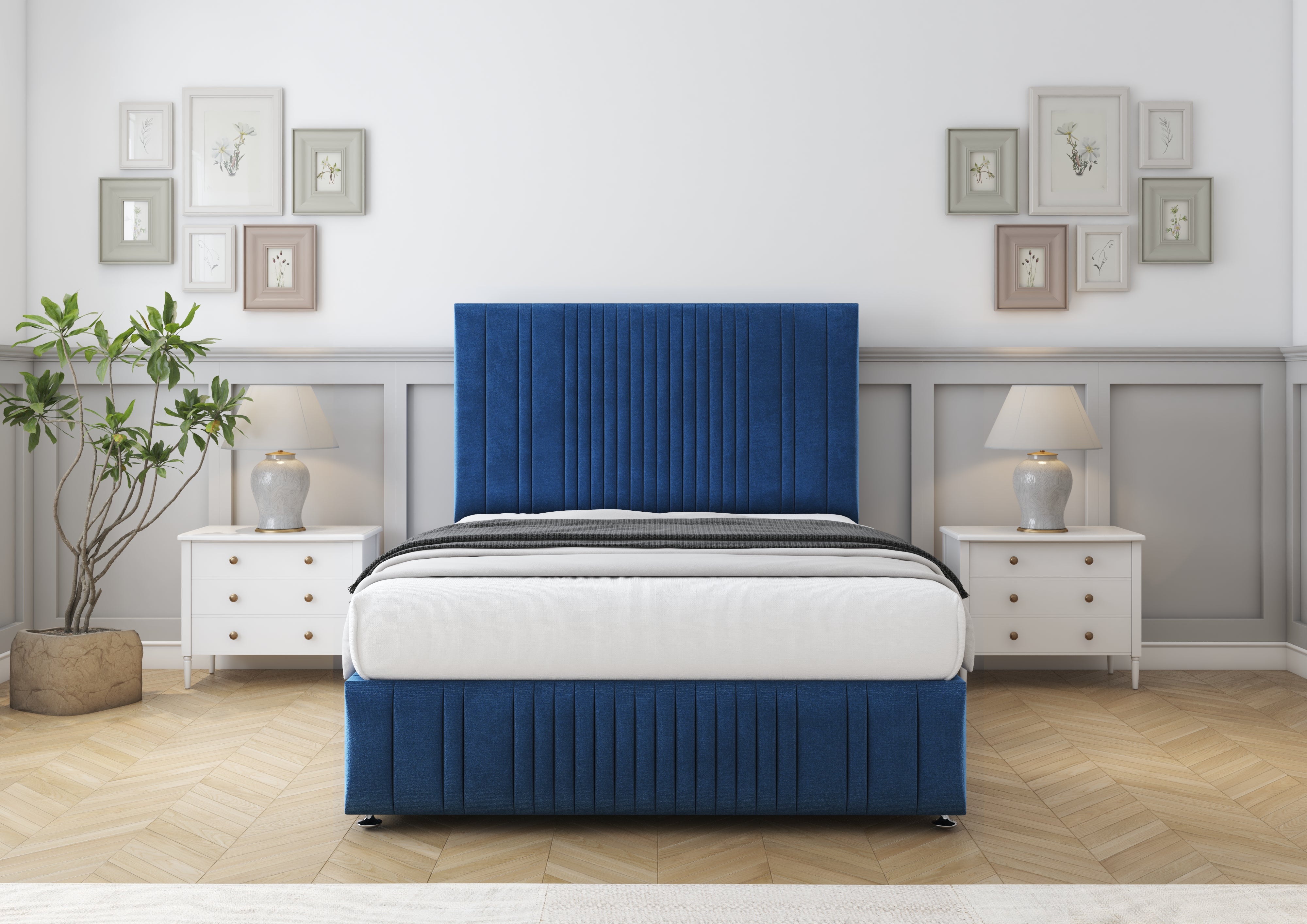 Beige upholstered bed with storage drawers in a bedroom setting.