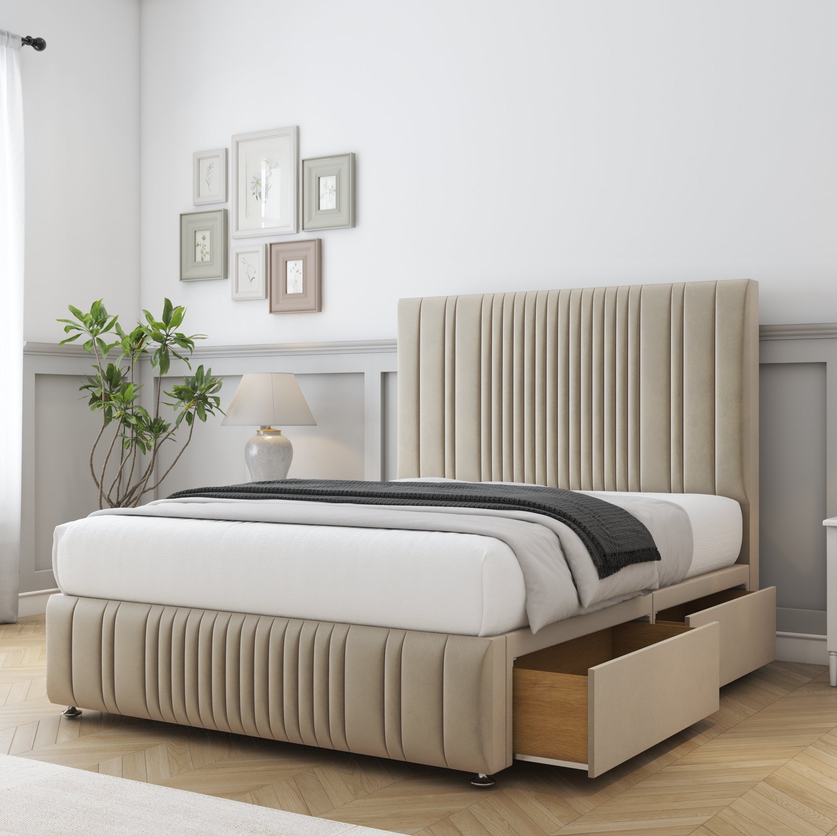 Beige upholstered bed with storage drawers in a bedroom setting.
