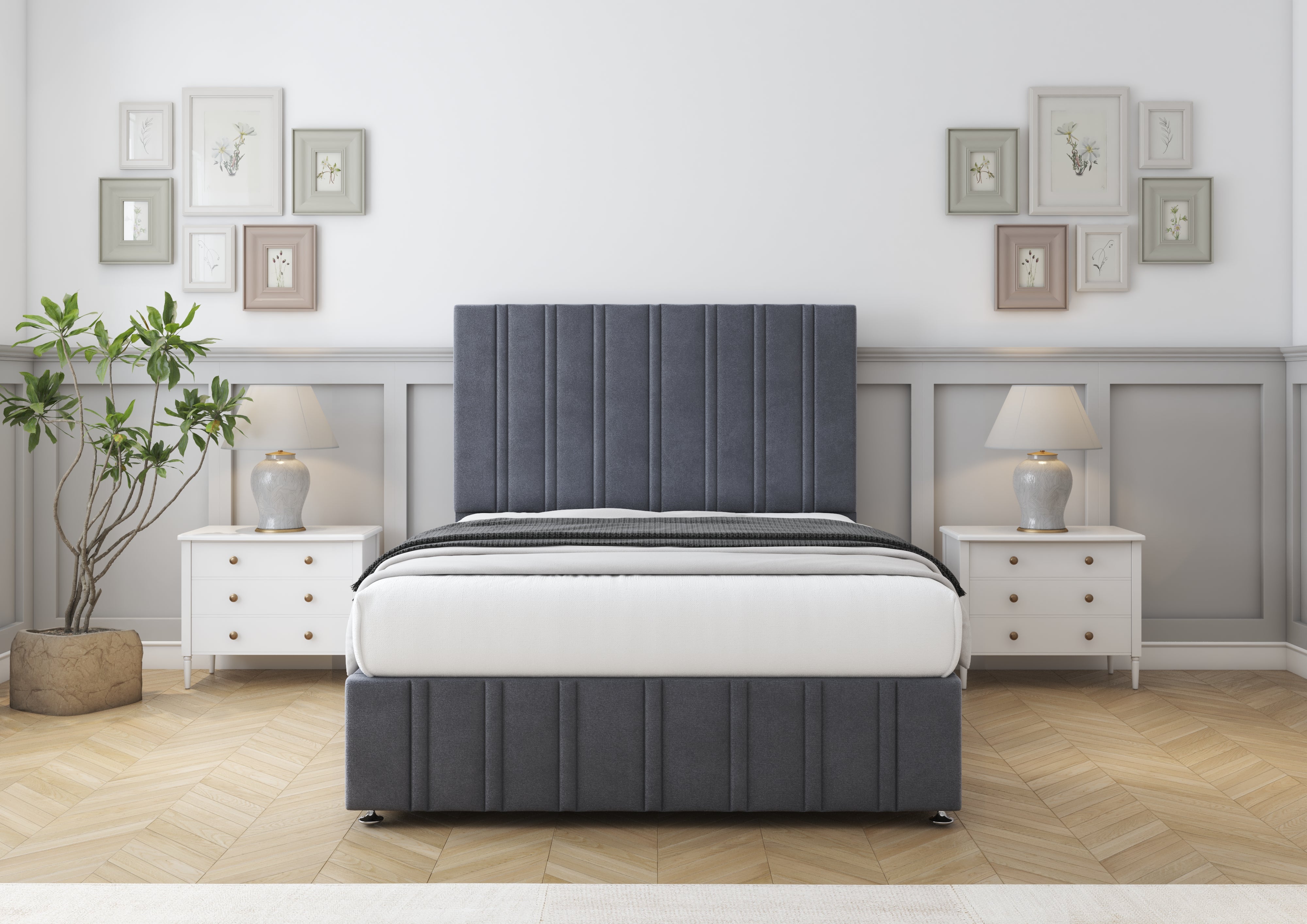 Blue upholstered bed with storage drawers in a bedroom setting.