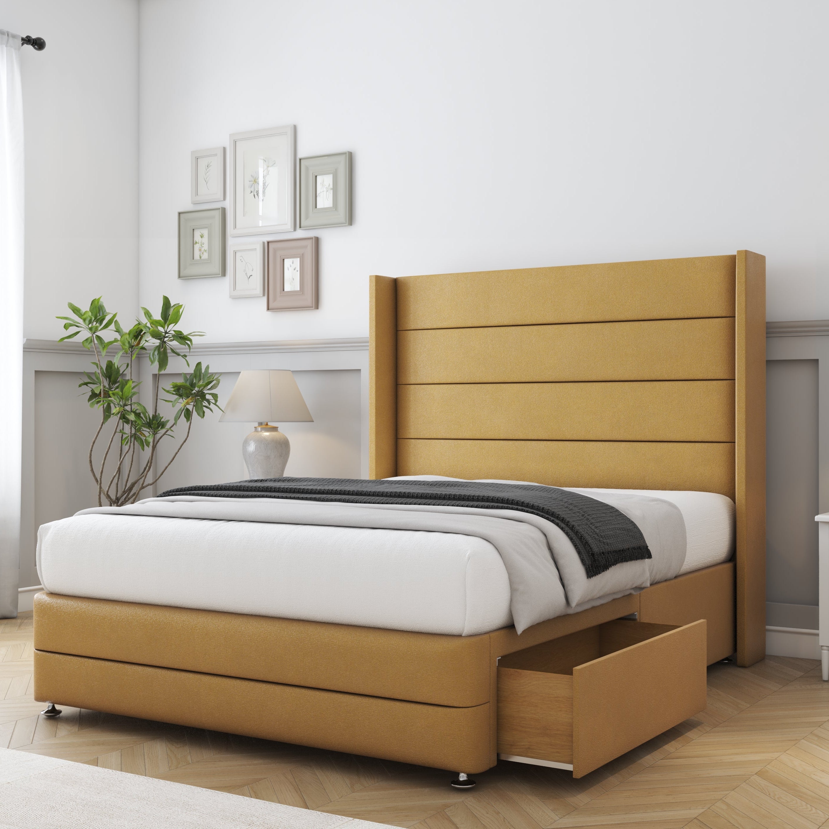 Wooden bed with storage drawers in a bedroom setting