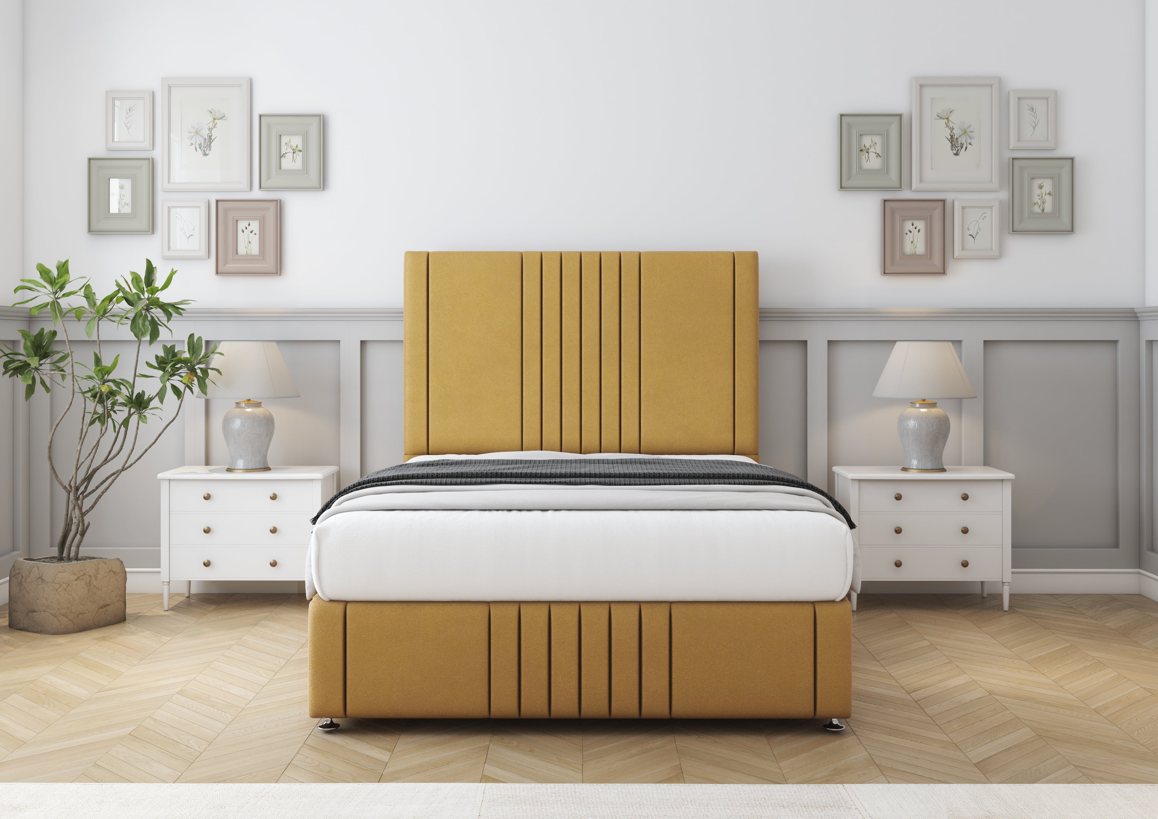 Beige upholstered bed with storage drawers in a bedroom setting.