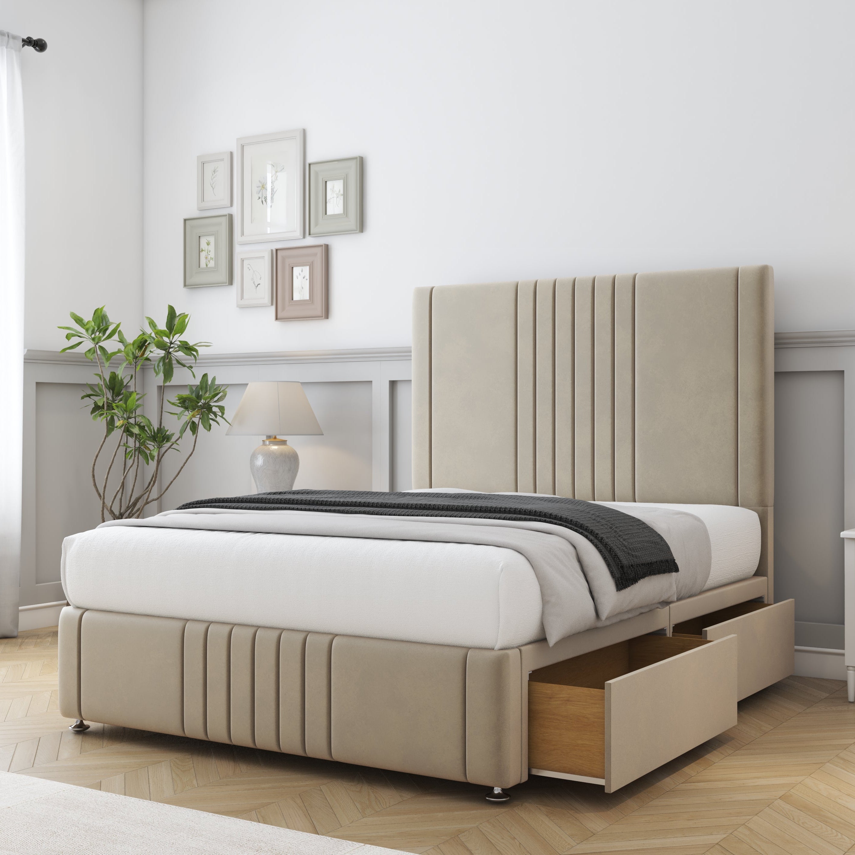 Beige upholstered bed with storage drawers in a bedroom setting.