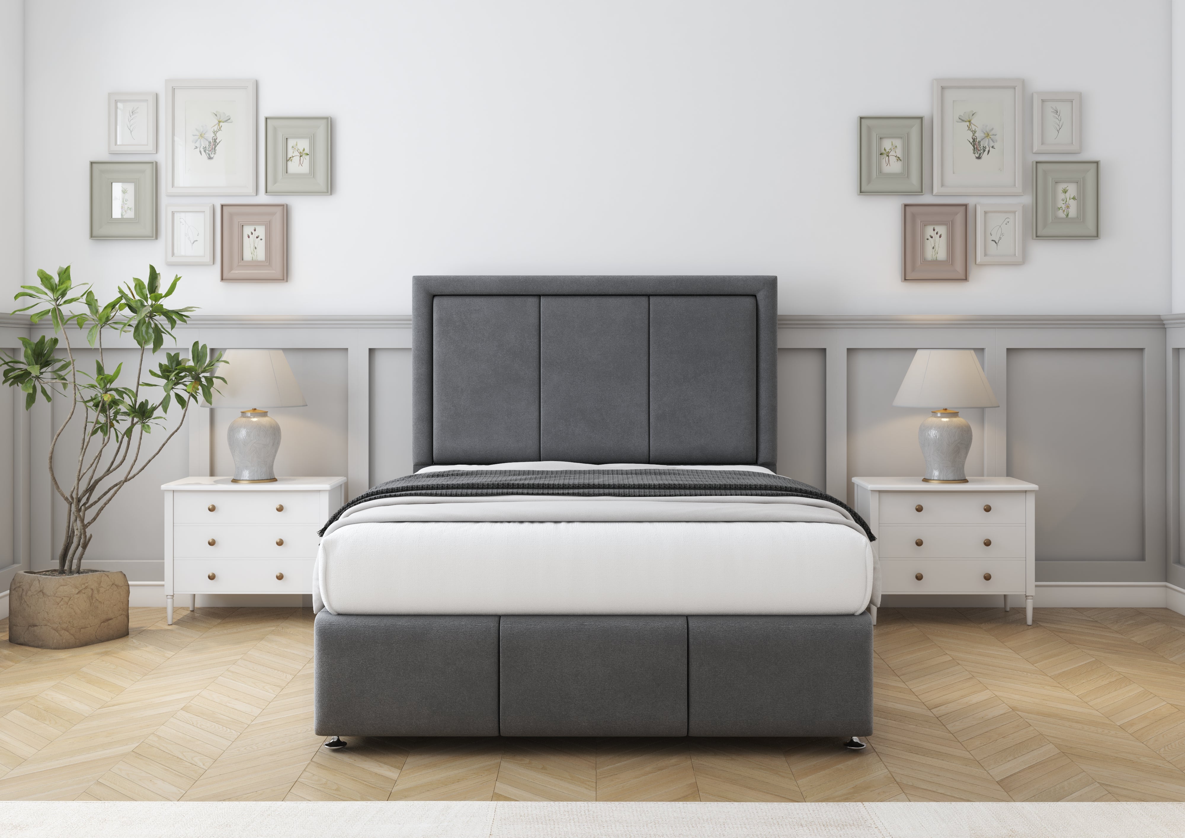 Gray upholstered bed with storage drawers in a bedroom setting.