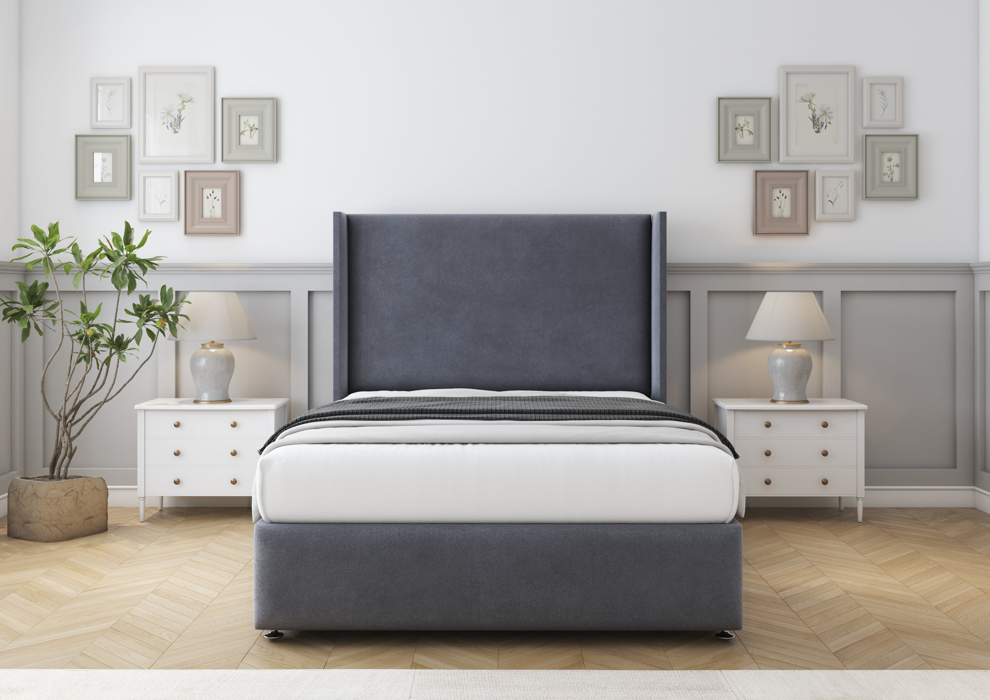 Beige upholstered bed with storage drawers in a bedroom setting.