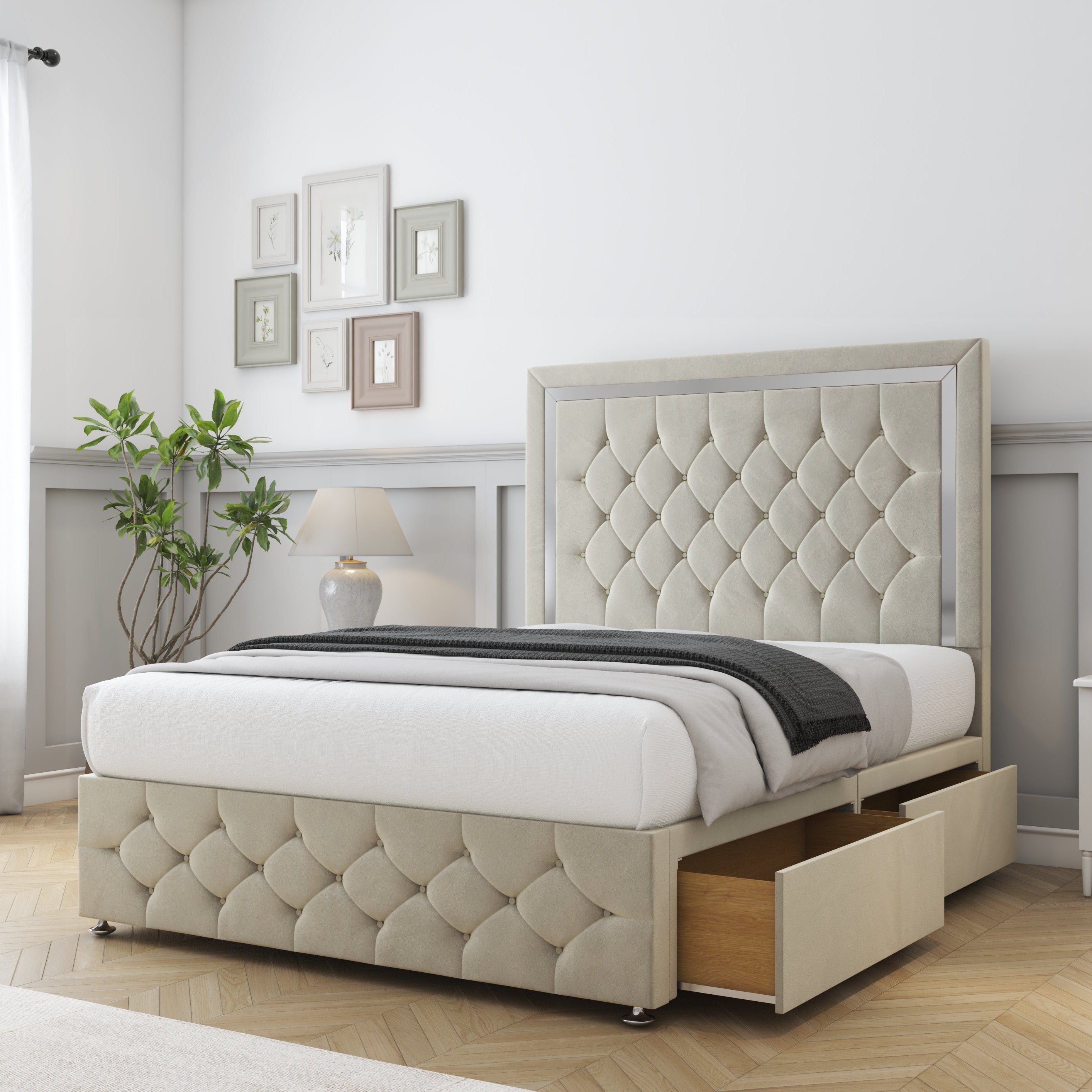 Beige upholstered bed with tufted design in a bedroom setting.
