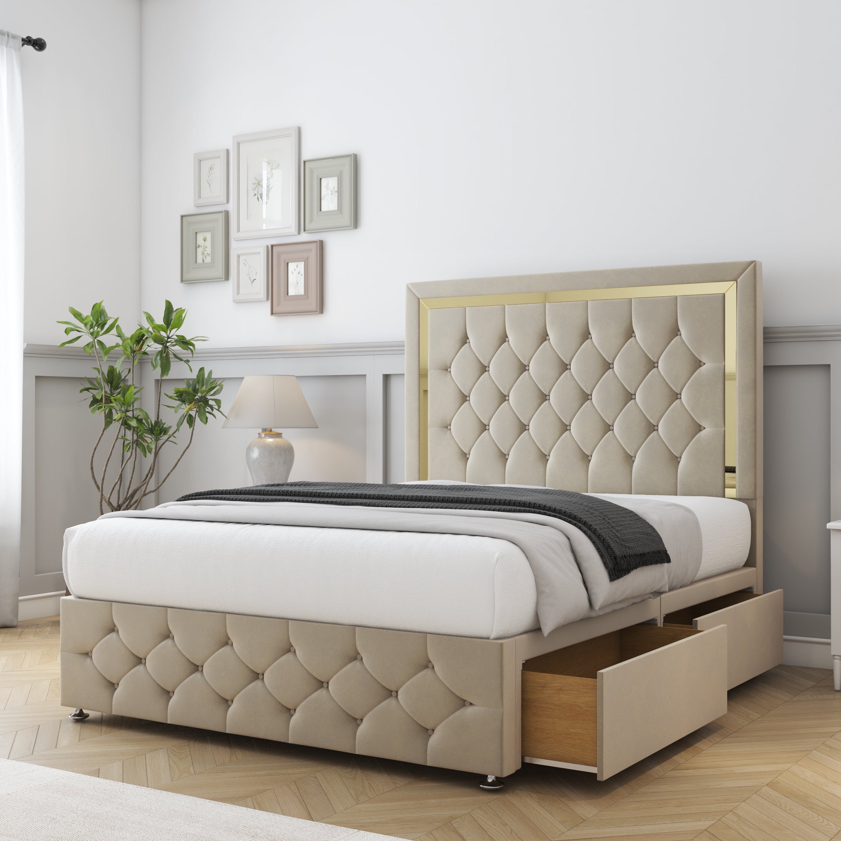 Beige upholstered bed with tufted design in a bedroom setting.